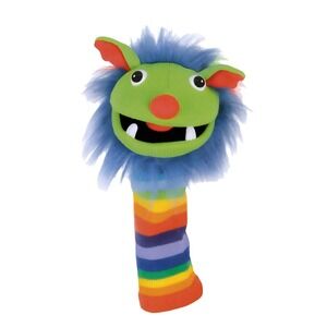 The Puppet Company Knitted Sock‎ Puppet Green Monster Rainbow Striped Blue Hair